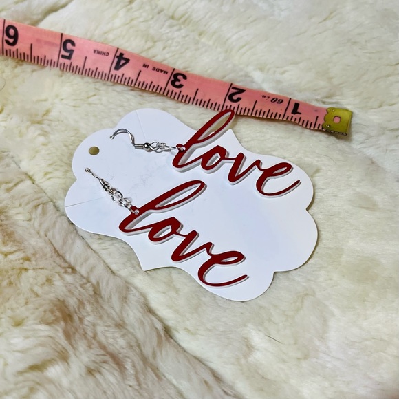LOVE Script Cursive Valentine’s Day Laser Engraved Dangle Pierced Earrings - Picture 2 of 4